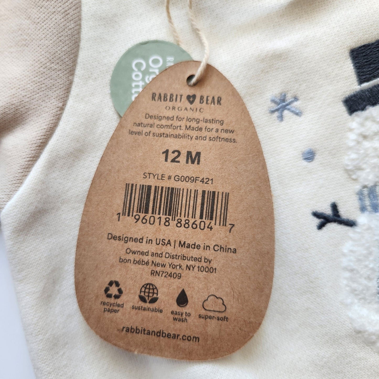 Rabbit + Bear Organic Cotton Snowman Embroidery Sweatshirt NWT Size 12 months