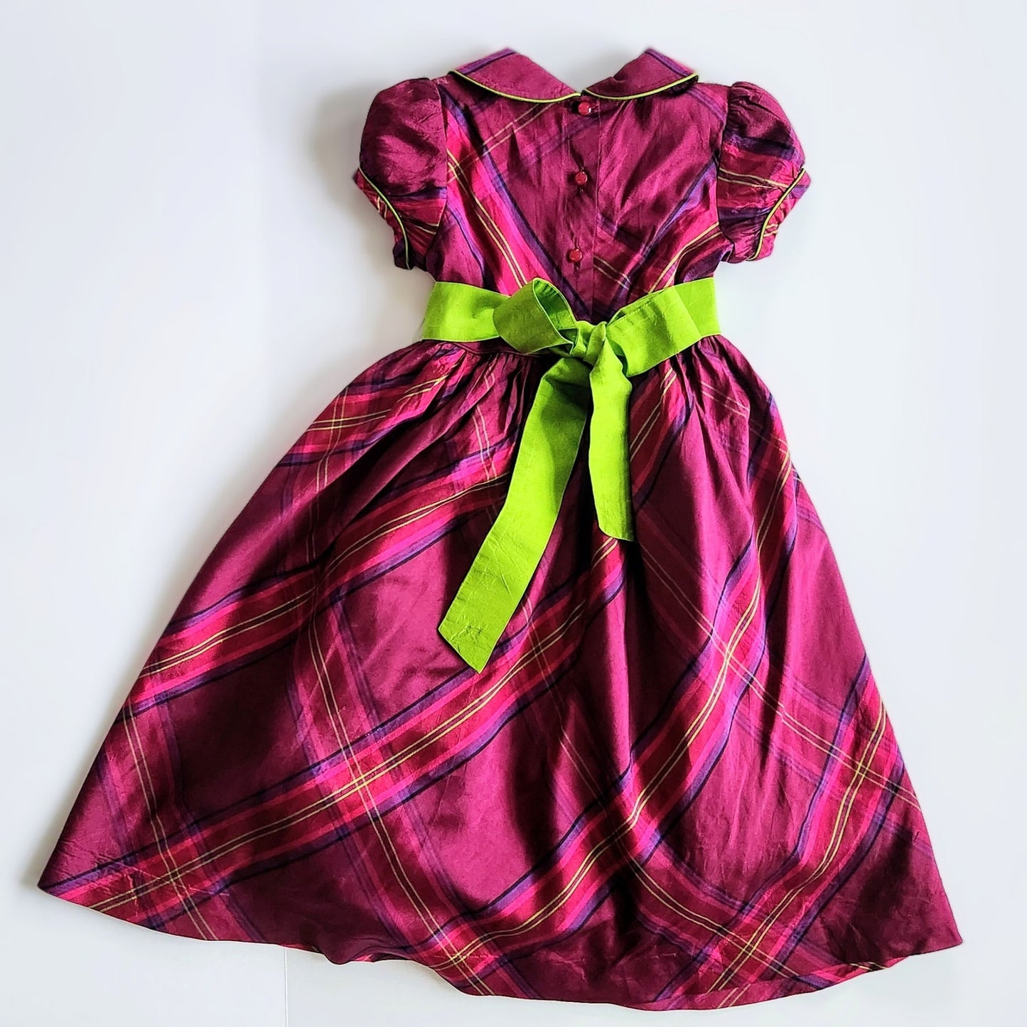 Lilly Pulitzer Vintage 1990s Girls 100% Silk Taffeta Purple & Green Plaid Dress Size 5