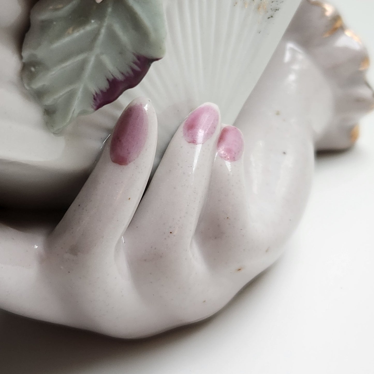 Lefton China Vintage 50s Ceramic Vase Planter Hand Holding Fan with Pink Roses | Home