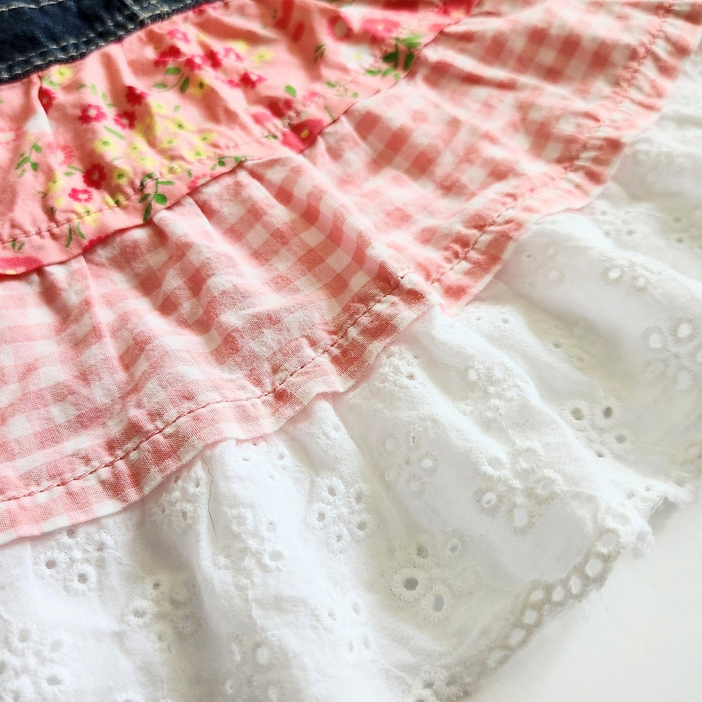 Oshkosh B'Gosh Girls Pink Floral Gingham Eyelet Skirted Overalls Size 12 mos