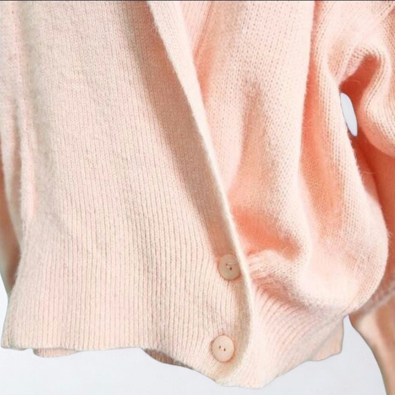 Vintage 1980s Blush Peach Double Breasted Wrap Cardigan Sweater | Women’s Size L 12–14 | Drop Shoulder Cozy Retro Knit