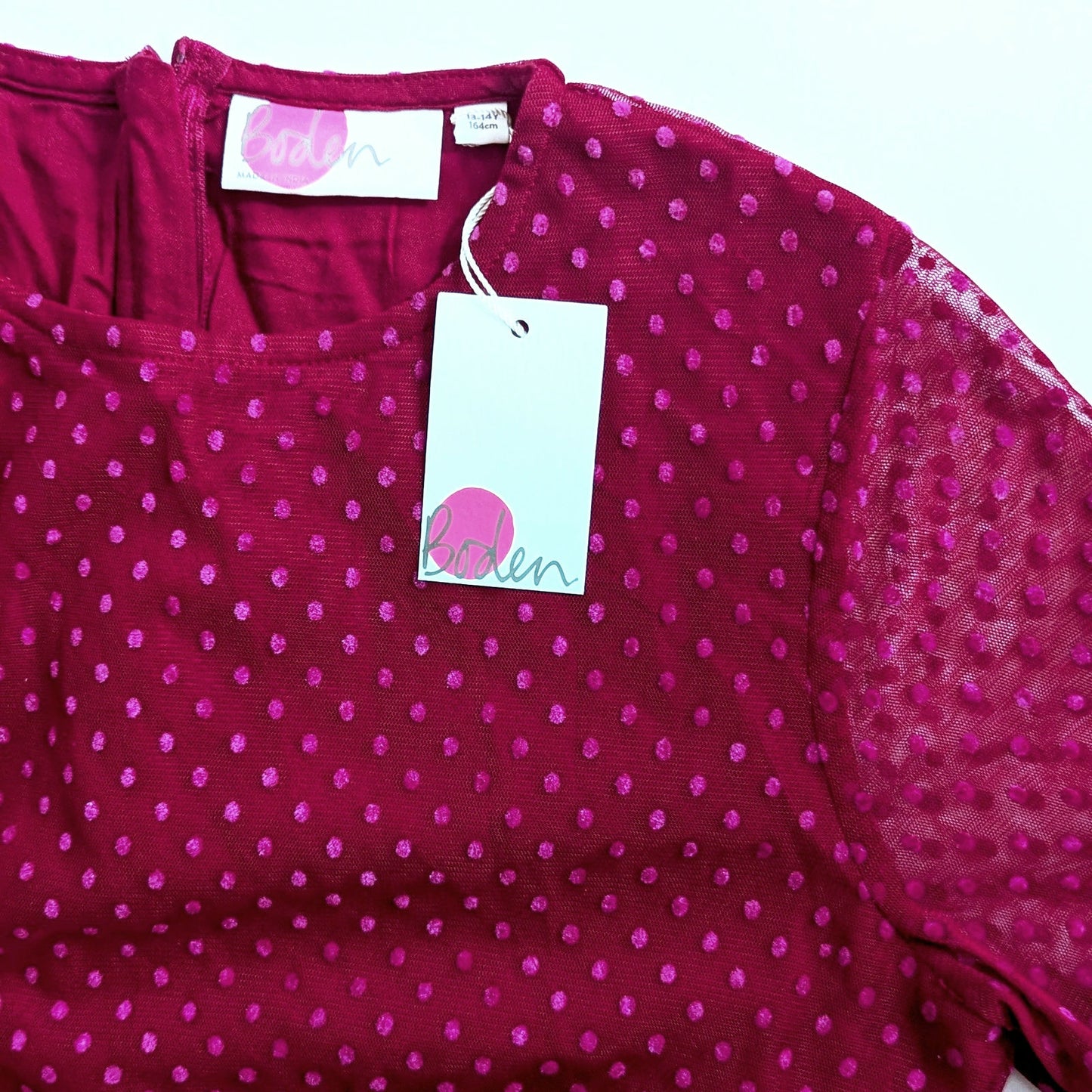 Mini Boden Girls Flocked Spot Winter Party Dress in Warm Cranberry Red – Size 13-14Y – NWT