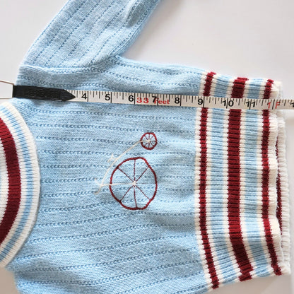 Vintage 1960s Doe Spun Toddler Turtleneck Sweater – Baby Blue with Penny Farthing Embroidery – Size 2T