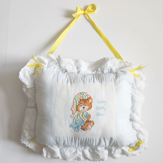 Vintage 80s Teddy Beddy Bear Cross Stitch Baby Pillow Blue Stripes Yellow Ribbon