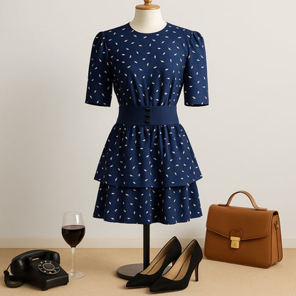 Jenny Vintage 1980s Women's Navy Drop Waist Dress w/ Detachable Flounce Size 12 (fits 8)