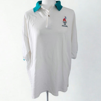 Vintage 1996 Atlanta Olympics White Teal Polo Shirt Size XL Hanes USA Official