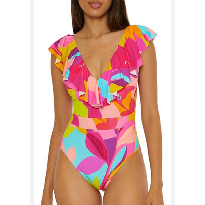 🌺 Trina Turk Women's Fan Faire Ruffle One Piece Swimsuit Size 10 NWT