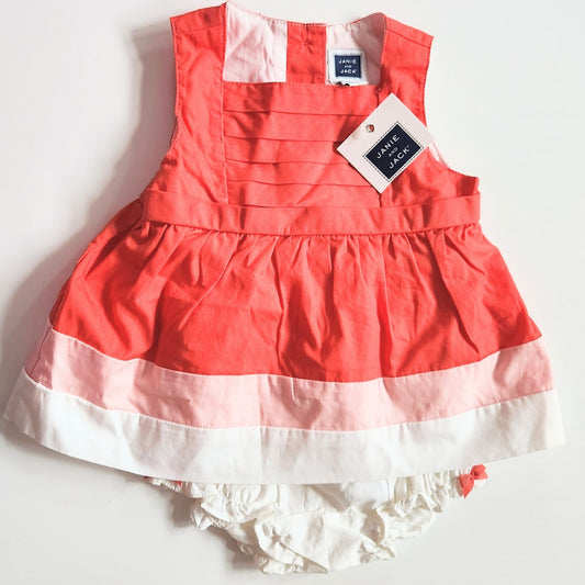 Janie and Jack	Coral & Peach Batiste Sleeveless Dress & Bow Bloomers Sz 6-12 mos