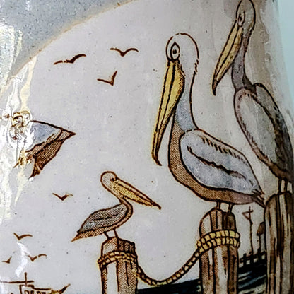 Otagiri Stoneware Vintage 1970s Pelicans on Pylons Blue Coffee Mug