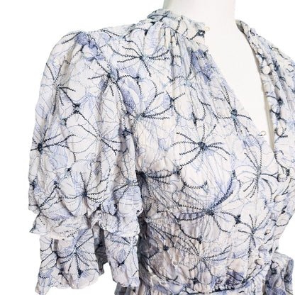 Badgley Mischka	Floral Embroidered Day Flounce Sleeve Day Dress Blue Size 8