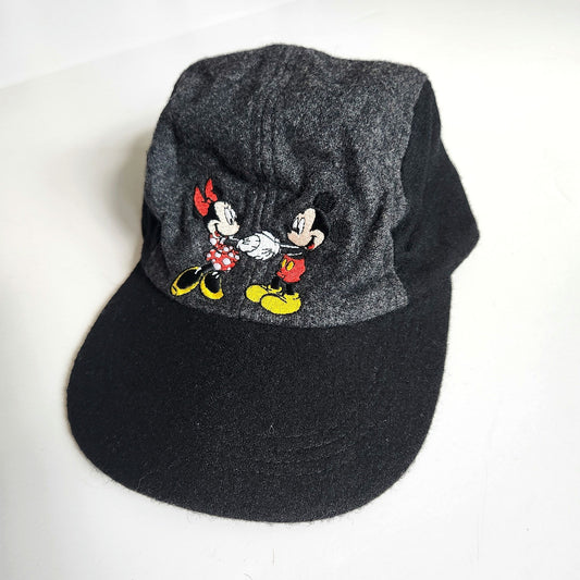 Disney Vintage 1990 Mickey & Minnie Mouse Gray & Black Wool Cap Stretch Fit OS