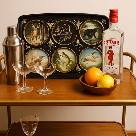 Vintage MCM Maine Souvenir Metal Tray by Ken Haag Black & Gold w/ Wildlife Scene | Retro Home Barware Decor
