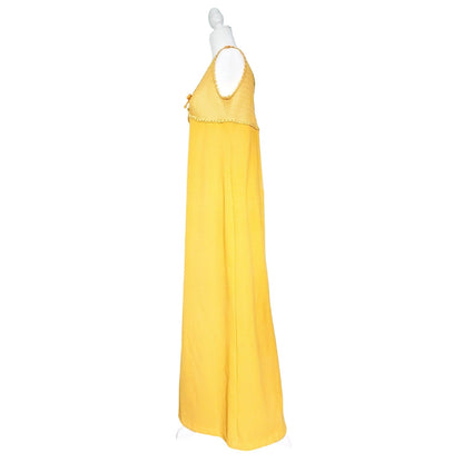 Vintage 1960s Marigold Yellow Maxi Dress | Empire Waist Lace Bodice with Daisy Trim & Bow | Boho Hippie Festival Gown | Women's Size M