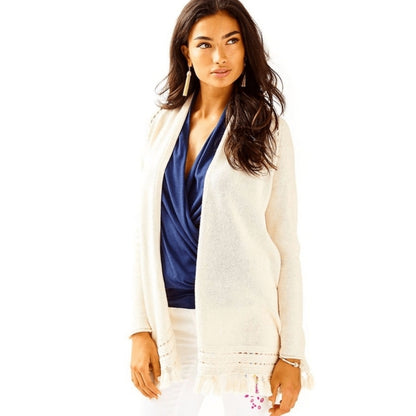 Lilly Pulitzer Martinique Long Fringe Hem Sweater Light Gray Women Size Small