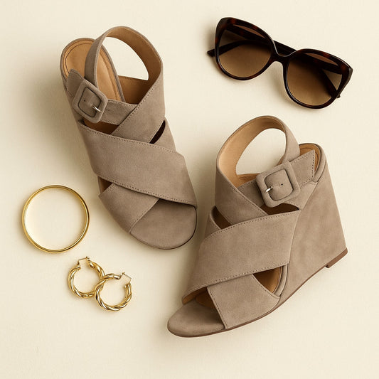 Diane von Furstenberg Women's Taupe Suede Wedge Strappy Sandals with Buckle Size 6.5