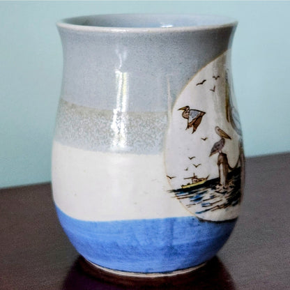 Otagiri Stoneware Vintage 1970s Pelicans on Pylons Blue Coffee Mug