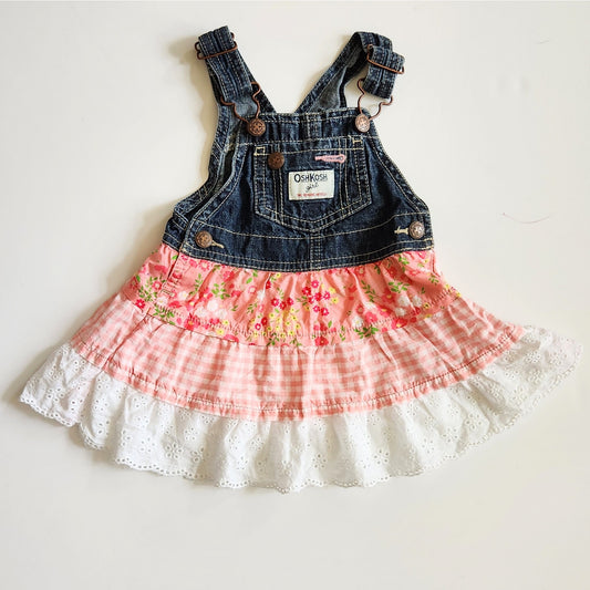 Oshkosh B'Gosh Girls Pink Floral Gingham Eyelet Skirted Overalls Size 12 mos