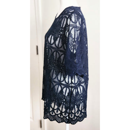 Anthropologie Women's En Elle Marka Lace Scallop Hem Navy Blue Blouse Size 10 NWT