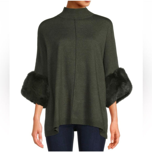 Saks Fifth Avenue Faux Fur Cuffs Sweater Olive Green Size Small