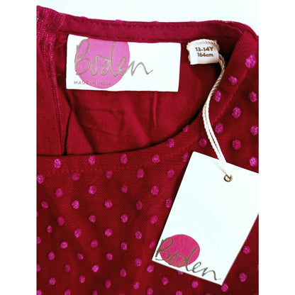 Mini Boden Girls Flocked Spot Winter Party Dress in Warm Cranberry Red – Size 13-14Y – NWT