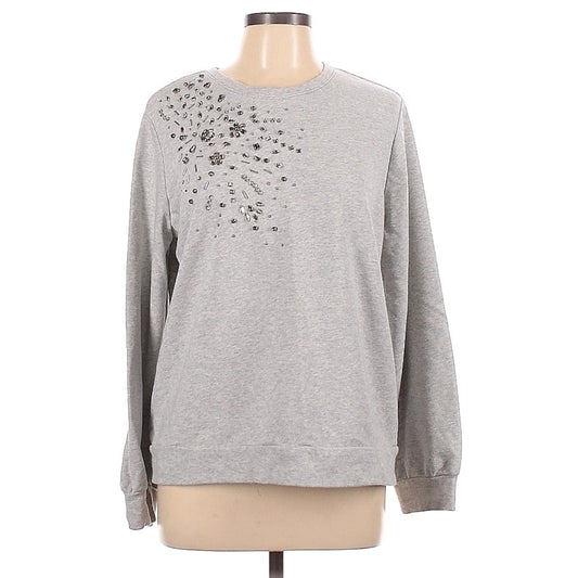 LOFT Heather Gray Rhinestone Embellished Sweatshirt Sweater Blouson Sleeves Sz L