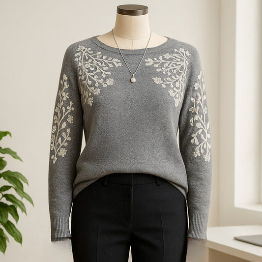 Rain + Rose Embroidered Gray Sweater – White Floral Detail – Angora Blend | Women's Size M