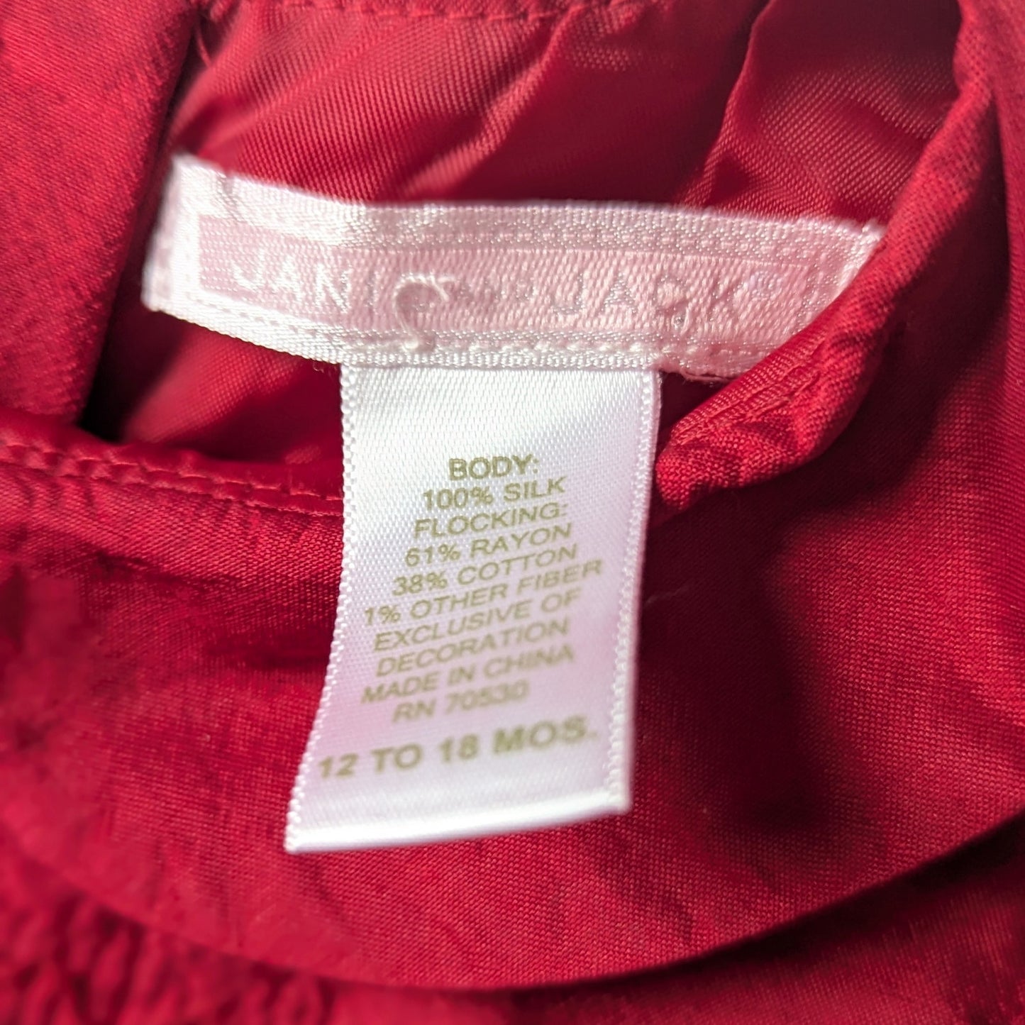Janie and Jack Baby Girls Red Silk Flocked Smocked Formal Dress Sz 12-18 mos