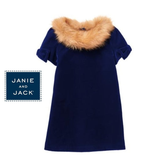 Janie and Jack Girls Blue Velvet Faux Fur Collar Bow Sleeves Dress Sz 4
