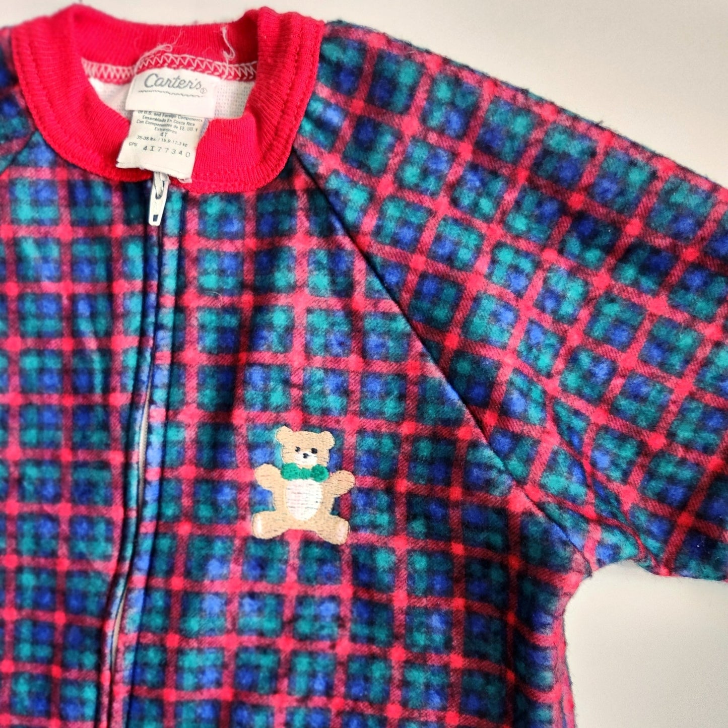 Carter's Vintage 1990s Fleece Footie Pajamas Sleeper Plaid Teddy Bear Size 4T