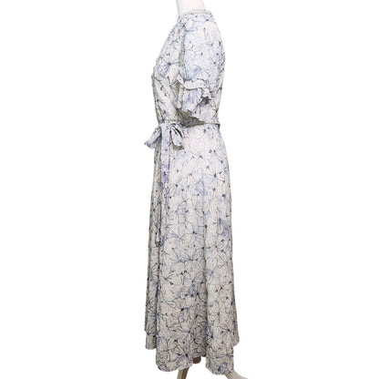 Badgley Mischka	Floral Embroidered Day Flounce Sleeve Day Dress Blue Size 8