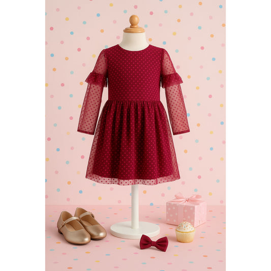 Mini Boden Girls Flocked Spot Winter Party Dress in Warm Cranberry Red – Size 13-14Y – NWT