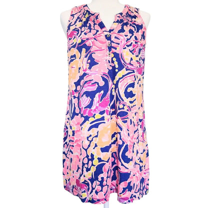 Lilly Pulitzer Essie Dress Brilliant Blue Catch & Release Pink Sea Life Print Cotton | Women's Size S