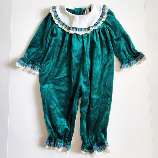 Goodlad	Vintage 80s Green Velour Eyelet One Piece Infant Jumpsuit Sz 18 mos