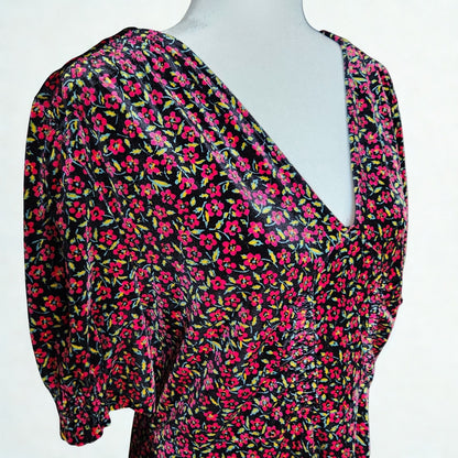 TOPSHOP Women's Bizzy Lizzy Velvet Red Floral Puff Sleeves Tea Dress Size 12