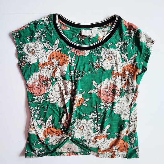 Anthropologie Postage Stamp Green & Orange Cotton Twist Knot Top Size Small