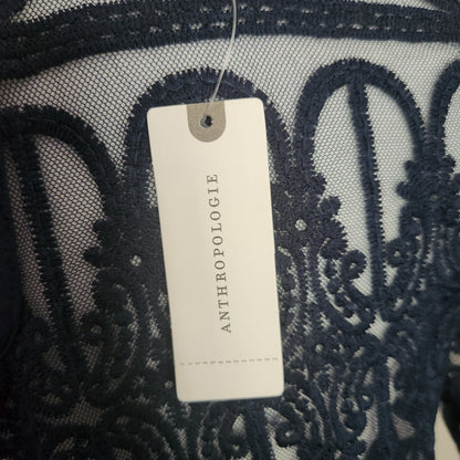 Anthropologie Women's En Elle Marka Lace Scallop Hem Navy Blue Blouse Size 10 NWT