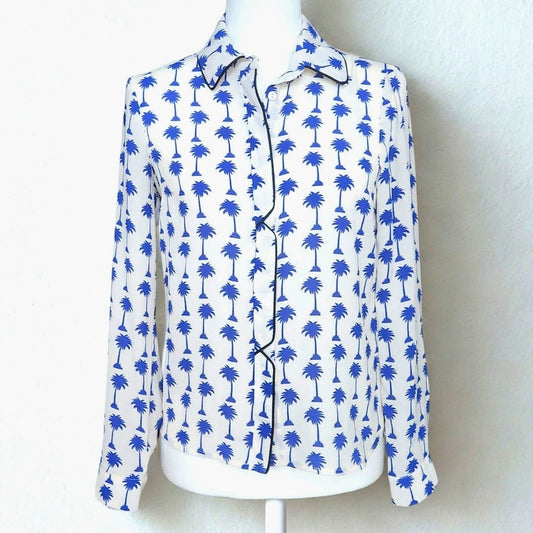 Topshop Women's Blue Palm Trees & Black Piping Button-Down Blouse Size US 4 | UK 8