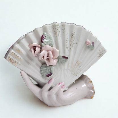Lefton China Vintage 50s Ceramic Vase Planter Hand Holding Fan with Pink Roses | Home