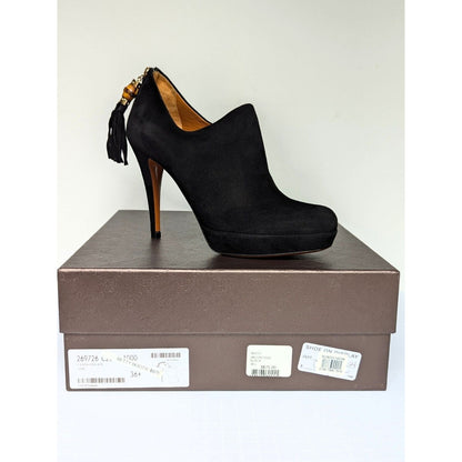 Gucci Betty High Heel Platform Bootie Size 36.5 | 6.5 Black Suede Bamboo Tassel
