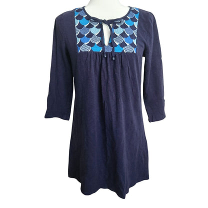 Boden Women's Blue 3/4 Sleeve Cotton Boho Embroidered Bib Tunic Top Size 6