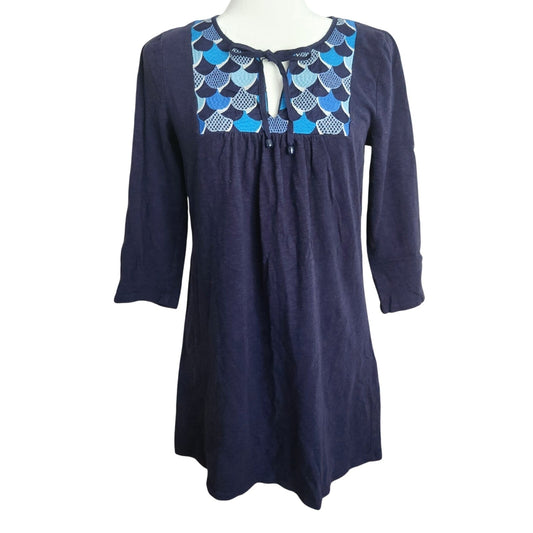 Boden Women's Blue 3/4 Sleeve Cotton Boho Embroidered Bib Tunic Top Size 6