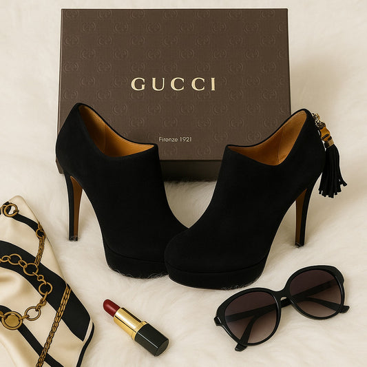 Gucci Betty High Heel Platform Bootie Size 36.5 | 6.5 Black Suede Bamboo Tassel