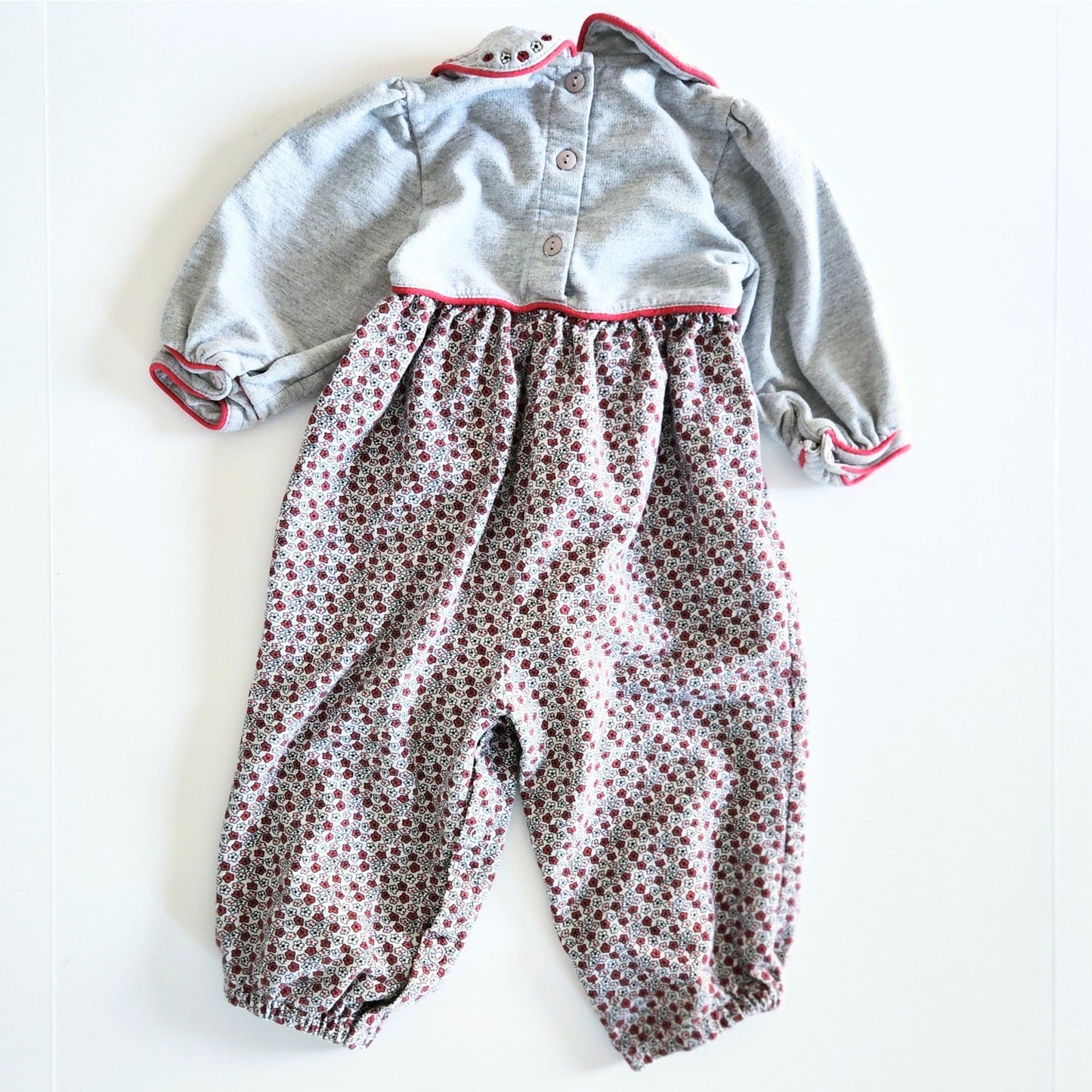 Class Club Vintage 90s Red Gray Floral Long Sleeve Bubble Suit Romper Sz 24 mos