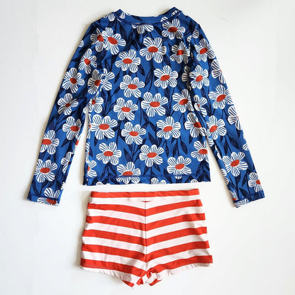 Hanna Andersson Girls Printed Mixie Rashguard Short Swim Set Blue Daisy Size 8 | 130 cm