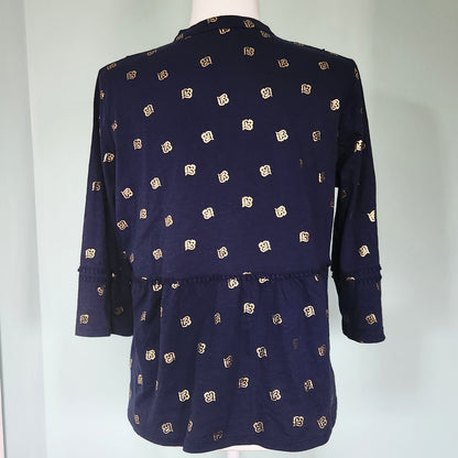 Boden Boho Women's Tassel Tie Blouse Navy Gold Print 100% Cotton Petite 10P Bohemian Top