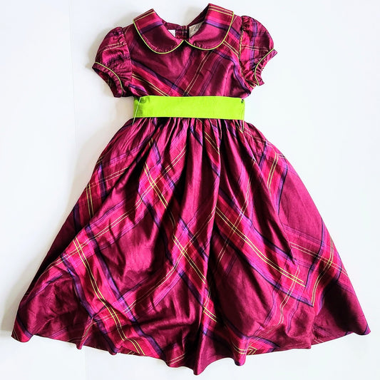 Lilly Pulitzer Vintage 1990s Girls 100% Silk Taffeta Purple & Green Plaid Dress Size 5
