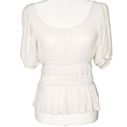 Slate & Willow White Smocked Peplum Top Puff Sleeve Rayon Scoop Neck Blouse | Women's Size M