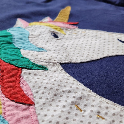 Mini Boden Navy & Rainbow Jersey Dress w/ Unicorn Applique Sz 7-8 | 128 cm