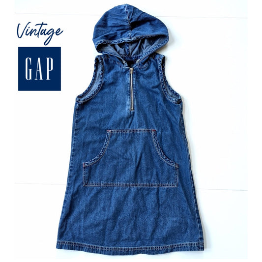 GAP Vintage 90s Girls Denim Dark Blue Wash Zip Hoodie Jumper Dress Sz L / 10-12