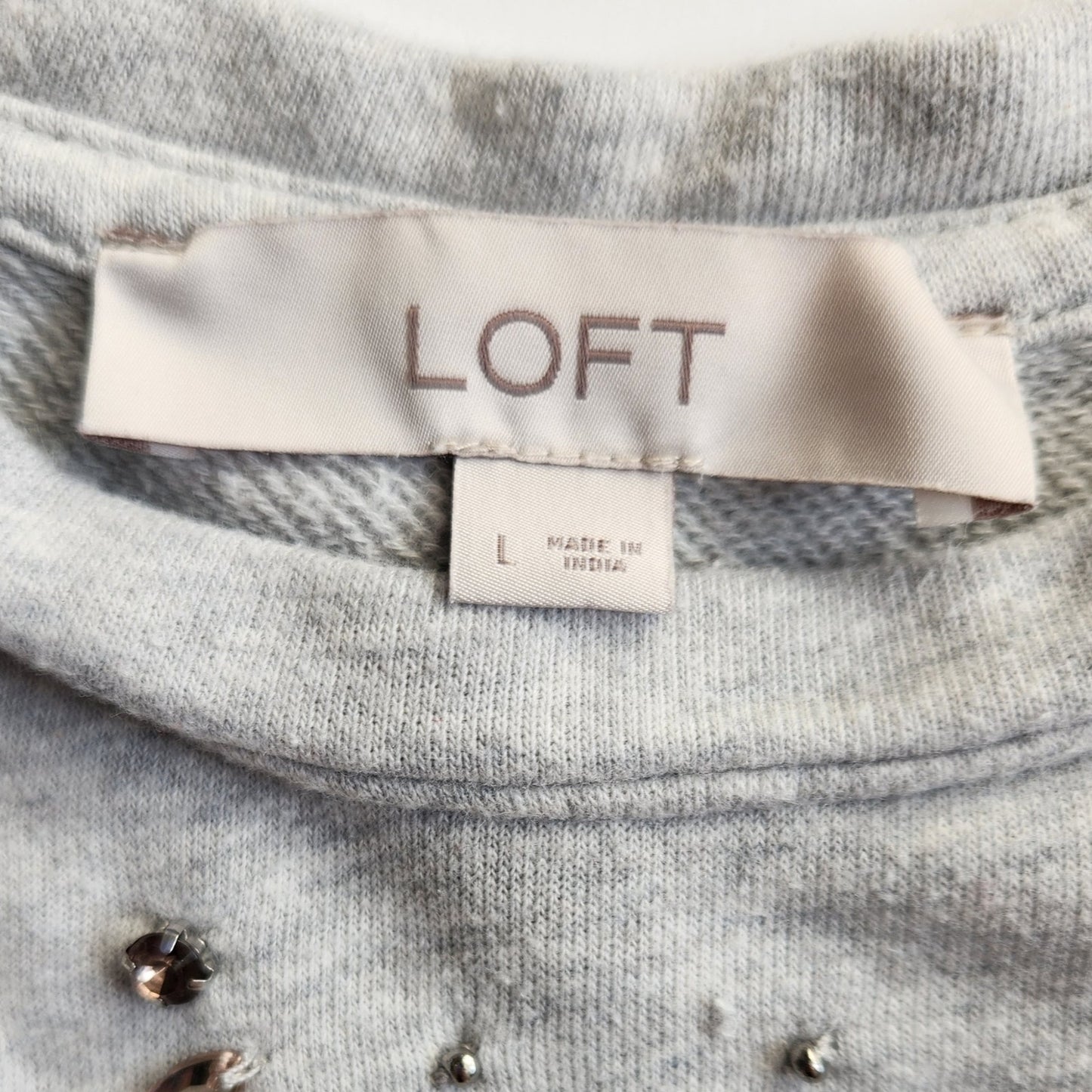 LOFT Heather Gray Rhinestone Embellished Sweatshirt Sweater Blouson Sleeves Sz L